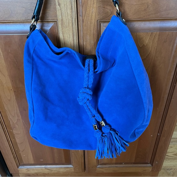 C. Wonder Handbags - C. Wonder Blue Suede Slouch Hobo Bag with Leather Strap and Tassel